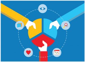 Stakeholder hands grabbing thirds of a circle with opinion symbols